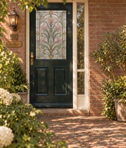 Bedrukte raamfolie voordeur roze lelies in art nouveau glas-in-loodstijl1